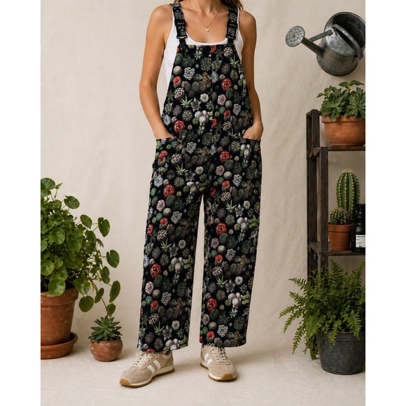 Kavu Pants - KAVU San Blas Greenhouse Overalls XL Black Succulent Cactus Print NWT 6094-856-4